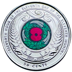2018 New Zealand Remembrance Day Coloured Red Poppy 50 Cents